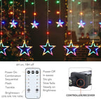 Star Curtain Lights for Bedroom - Plug-in 9ft 138 LED Fairy Twinkle Lights with 12 Star Drops, Connectable Window Lights with Remote 8 Lighting Modes for Indoor Xmas Ramadan Decoration, Multicolored