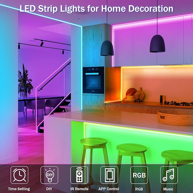 KEELIXIN LED Lights Music Sync RGB LED Strip Lights with APP & Remote Control (50ft)