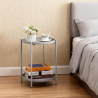 HollyHOME 2-Tier Round Side Table, Outdoor Small Folding Accent Stand with Removable Tray, Anti-Rust Metal Asional Table for Balcony Patio Living Room, Nightstand for Bedroom(Grey)