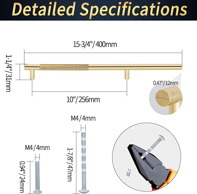 Knurled Cabinet Pulls 2 Pack, 16 Inch Long Cabinet Handles Metal Door Pulls, Kitchen Drawer Pull Knurled Dresser Handles - 10" Hole to Hole, Golden