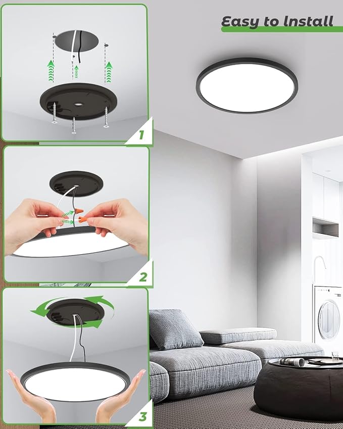 zemty 16.5 Inch LED Ceiling Light Flush Mount, 36W 4200lm Super Slim Flush Mount Ceiling Light Fixtures, 3000K/4500K/6000K Selectable Ceiling Lamp for Bedroom Kitchen Living Room (Black)