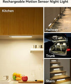 Under Cabinet Lighting 4 Inches Rechargeable Motion Sensor Light Indoor, 3 Color Dimmable Closet Light Battery Operated, USB Stick on LED Magnetic Under Counter Lights for Kitchen Stair, 6 Packs