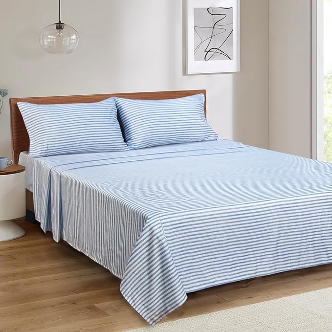 Mejoroom Striped Queen Size Sheet Set - Hotel Luxury 1800 Bedding Sheets & Pillowcases - Deep Pocket Fitted Sheet, Soft, Breathable, Wrinkle & Fade Resistant - 4 Piece (Blue Stripe)