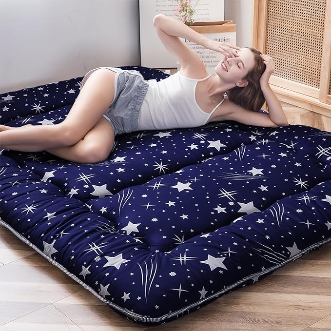 MAXYOYO Navy Starry Sky Japanese Futon Mattress, Tatami Mat Portable Camping Mattress, Kids Sleeping Pad, Foldable Roll Up Floor Lounger Couch Bed, Twin Size with Cover