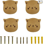 4PCS Wooden Cat Shaped Cabinet Knobs, Cabinet Handles, Single Hole Beech Wood Handles, Wood Hooks with Full Set of Screw Accessories