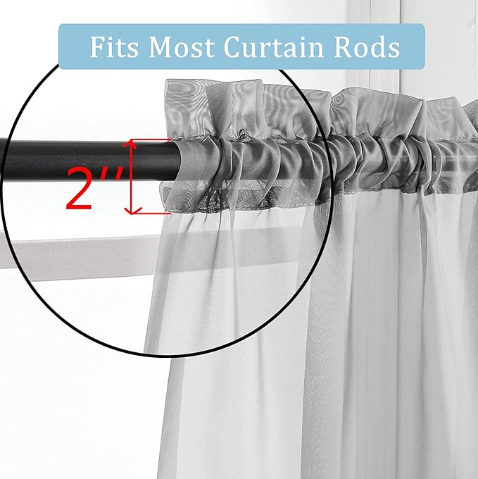 OWENIE Sheer Curtains Grey 45 Inches Long, Light Filtering Tiers for Kitchen, Basement, Bedroom, Short Panels Rod Pocket 2 Panels, Cafe Small Window, 42" W x 45" L