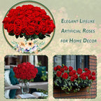 100 PCS Fake Red Roses, Artificial Red Flowers Bulk Realistic Silk Faux Rose with Stems for Wedding Decoration Anniversary Bridal Bouquet DIY Floral Arrangement Romantic Home Decor Gifts