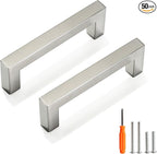 Cabinet Pulls Brushed Nickel Cabinet Handles Square Drawer Pulls, 50 Pack 3-3/4 Inch Stainless Steel Kitchen Door Cupboard Cabinet Handles, Cabinet Hardware Drawer Handles, 96mm Hole Centers