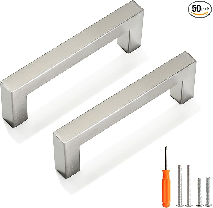 Cabinet Pulls Brushed Nickel Cabinet Handles Square Drawer Pulls, 50 Pack 3-3/4 Inch Stainless Steel Kitchen Door Cupboard Cabinet Handles, Cabinet Hardware Drawer Handles, 96mm Hole Centers