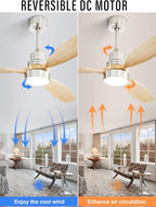 Sofucor Ceiling Fan with Lights, 52 Inch Low Profile Flush Mount Mordern Wood Ceiling Fan with Remote for Indoor Farmhouse Bedroom Living Room Outdoor Patio Porch, Reversible DC Motor, Noiseless