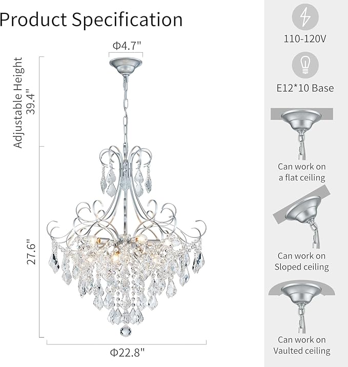 WUZUPS Crystal Chandelier 10-Light Pendant Ceiling Light Modern Lighting Fixture for Dining Room Hallway Bedroom Kitchen Bathroom, H 27.6" x W 22.8", E12 Base, Silver