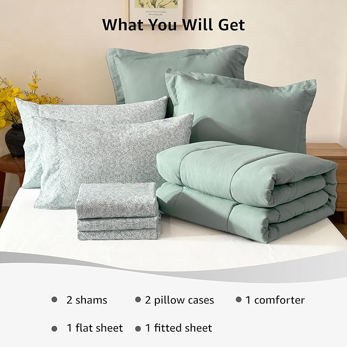 Monbix Full Comforter Set - 7 Pieces Sage Green Bed in a Bag Full Size Track Stitching Bedding Sets, All Seasons Down Alternative Comforter with Sheets,Pillowcases & Shams