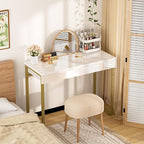 GreenForest Vanity Desk with 2 Drawers,47 inch White Desk with Glossy Desktop Easy Clean,Makeup Dressing Table with Metal Gold Legs for Home Office Small Spaces,Bedroom