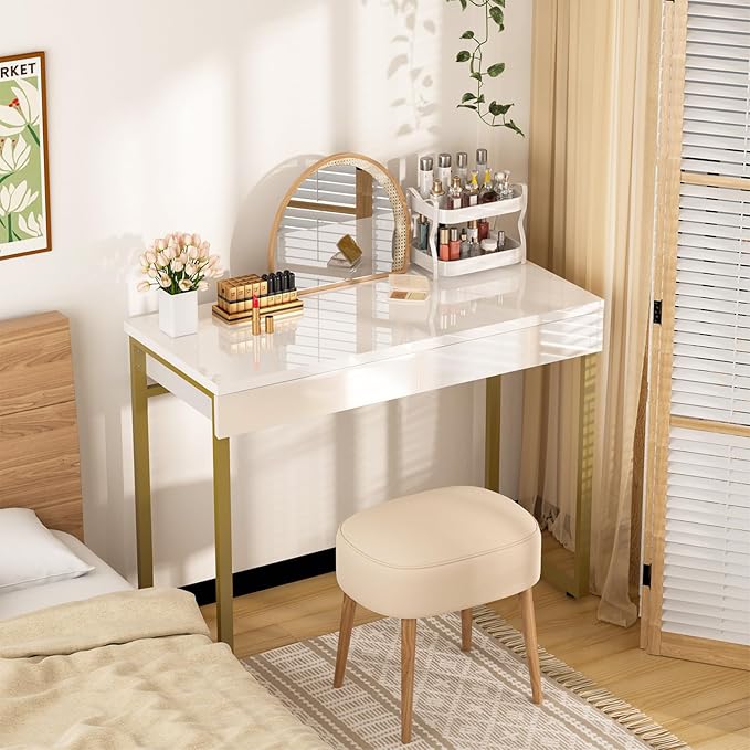 GreenForest Vanity Desk with 2 Drawers,47 inch White Desk with Glossy Desktop Easy Clean,Makeup Dressing Table with Metal Gold Legs for Home Office Small Spaces,Bedroom