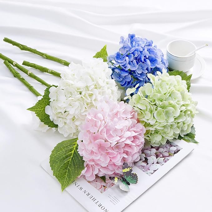 Waipfaru 21" Real Touch Dark Blue Hydrangea Artificial Flowers with Long Stem & Leaves, Full Latex Faux Hydrangea Flowers for Home Decor Party Floral Arrangements Wedding Bouquets Centerpieces, 3Pcs