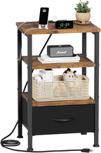 Fixwal Night Stand with Charging Station, Adjustable Bed Side Table with Fabric Drawer, Farmhouse End Table, Bedside Table with Storage, Rustic Brown
