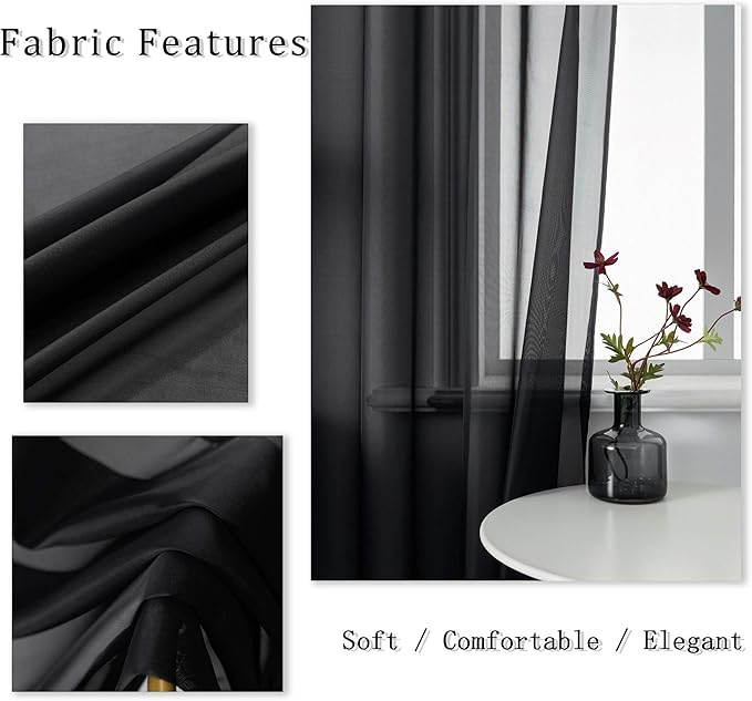 DUALIFE Black Curtains 108 Inches Long for Living Room 2 Panels Grommet Window Semi Sheer Extra Long Curtains for High Ceiling Bedroom Party Parties Backdrop 52X108 Inches 9 FT Floor Length