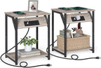 VASAGLE End Table with Charging Station, Set of 2, Small Side Tables for Living Room, Bedroom, Nightstand with Outlets and USB Ports, Bedside Table with Storage Shelf, Heather Greige and Black