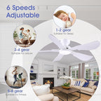 52 Inch Modern Ceiling Fans with Lights, Flush Mount Ceiling Fan with Light and Remote/APP Control, 5 Reversible 6 Speeds Curved Blades, 3 CCT Dimmable Lights for Bedroom, White