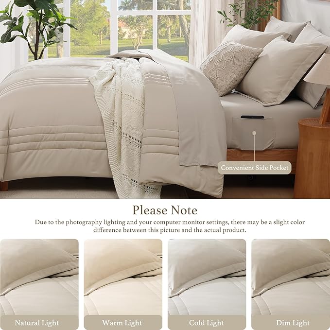 Monbix Twin XL Size Comforter Set - Extra Long 5 Pieces Dorm Bedding Sets, Quilting Design Fluffy Bed in a Bag Twin XL with Sheets, Pillowcase & Sham(Apricot Beige)