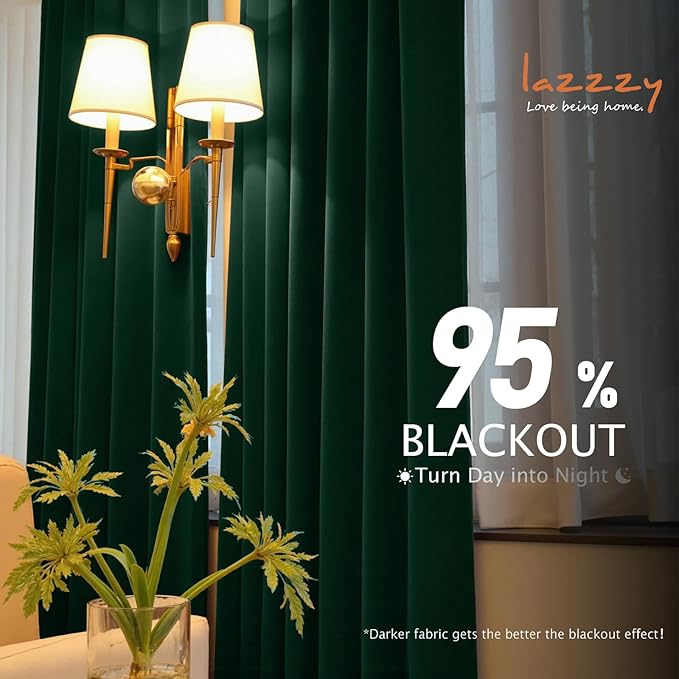 Lazzzy Velvet Blackout Curtains Thermal Insulated Room Window Drapes Super Soft Luxury Curtains for Living Room Bedroom Rod Pocket 2 Panels, Emerald Green, 52" W x 63" L