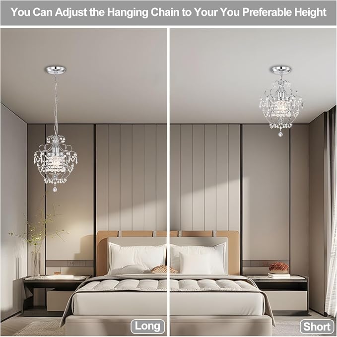 Small Chandelier for Bedroom, 90% Pre-Assembled Chrome Chandelier, Mini Acrylic Crystal Chandelier, 1 Light Pendant Light Fixtures for Bedroom,Closet, Bathroom,Entryway,Foyer, Living Room