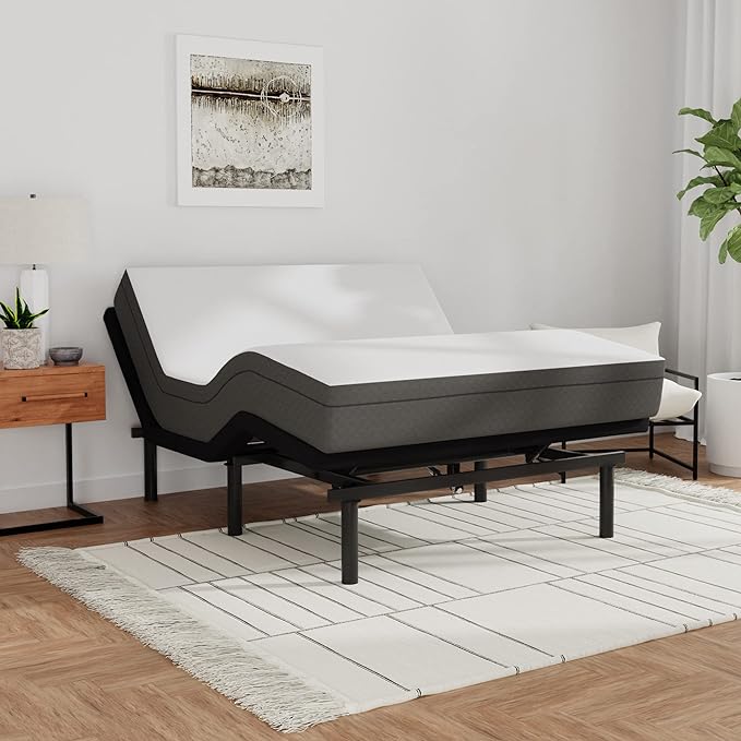 Blissful Nights e3 Queen Adjustable Bed Base Frame with 10" Medium Firm Gel Infused Memory Foam Mattress