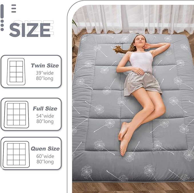 MAXYOYO Futon Mattress Japanese Floor Mattress, Extra Thick Dandelion Pattern Bed Mattress Topper, Quilted Folding Sleeping Pad Breathable Floor Lounger Guest Bed for Camping, Grey, Full