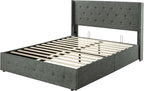 Allewie Queen Size Lift Up Storage Bed, Button Tufted Headboard with Wingback, Hydraulic Support, No Box Spring Needed, Dark Grey