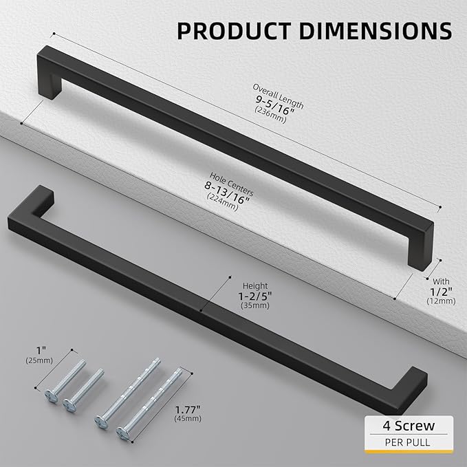 goldenwarm 100 Pack 8-4/5 Inch Black Cabinet Handles Matte Black Drawer Pulls Stainless Steel Cabinets Hardware Square Bar Modern for Kitchen Bathroom Cupboard