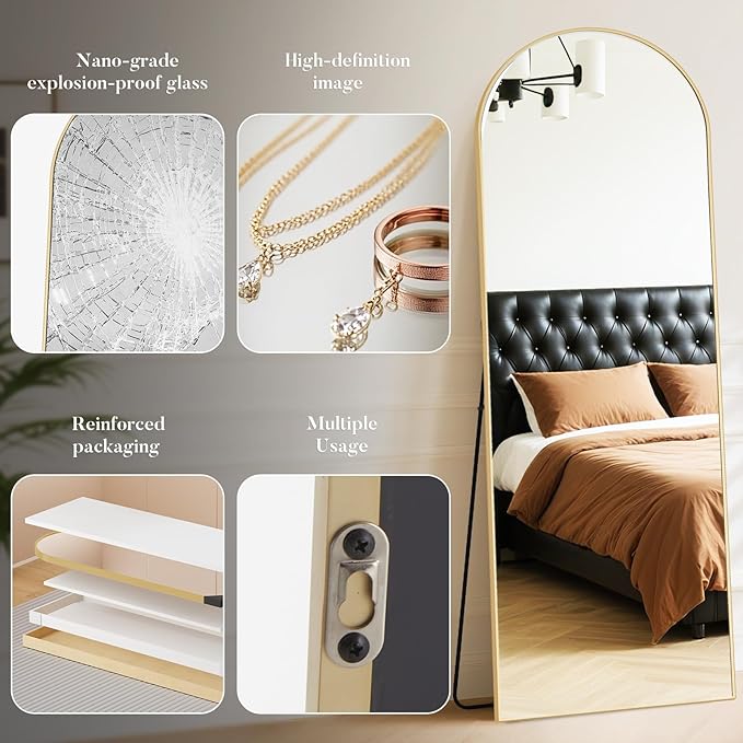 DUMOS Arched Wall-Mounted Full Length Mirror 27"x71" for Bedroom, Full Body Floor Mirror with Stand, Hanging or Leaning for Wall, Gold