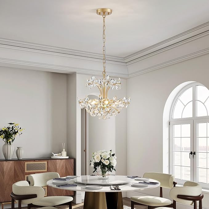WUZUPS Crystal Chandelier Pendant Flushmount Ceiling Light Modern Lighting Fixture for Bedroom Hallway Bar Kitchen Bathroom, H 15.7" x W 17.7", Gold, E12 Base