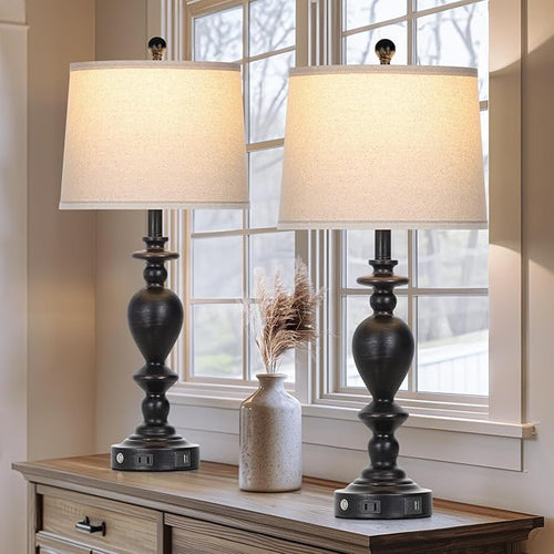 28" Black Farmhouse Table Lamps Set of 2 with USB C+A Ports & AC Outlet for Vintage Living Room Rustic Bedroom,3-Way Dimmable Touch Lamp Retro Resin Bedside Lamps for Nightstand Side Table
