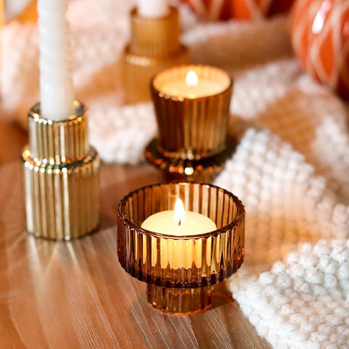 Gold Candlestick Holders 6PCS for Tealight Candle Stick Candles, Ribbed Glass Taper Candle Holders Set Table Centerpieces for Thanksgiving Christmas Farmhouse Decor Indoor and Outdoor