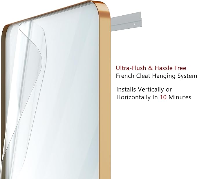 VocalStar Gold Bathroom Mirror for Wall, 24 x 36 Inch Metal Framed Rounded Rectangle Vanity Mirror Modern Farmhouse, 1/4-inch Shatterproof Glass | Ultra-Flush Hanging