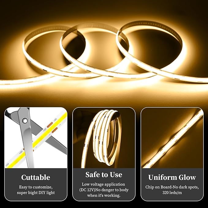 iNextStation COB LED Strip Light Warm White 3000K 16.4ft/5M DC12V CRI 93+ Flexible LED Tape Lights 8mm for Bedroom, Kitchen, TV Backlight, Cabinet, Stage, Home DIY Lighting Decor(No Plug)