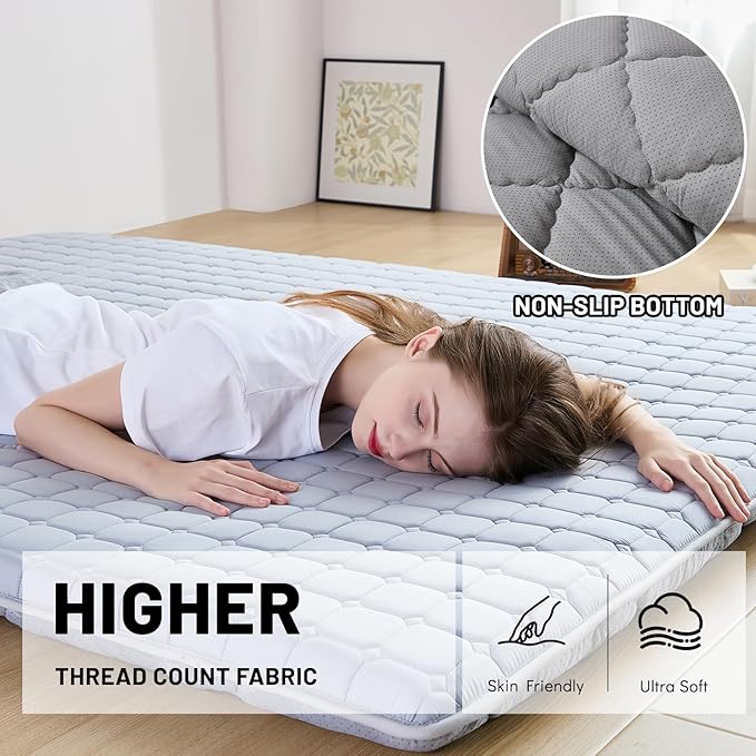 Japanese Floor Mattress Full, Anti-Slip Japanese Futon Foldable Tatami Mat for Guests, Grey