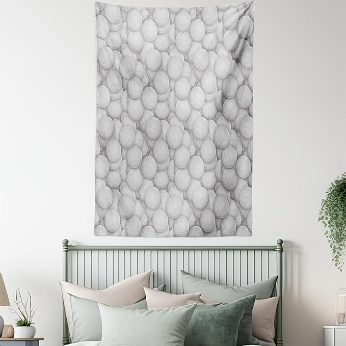 Lunarable Volleyball Tapestry Twin Size, 3 Dimensional White Balls Sports Equipment Digital Composition Team Event, Wall Hanging Bedspread Bed Cover Wall Decor, Twin Size, Grey