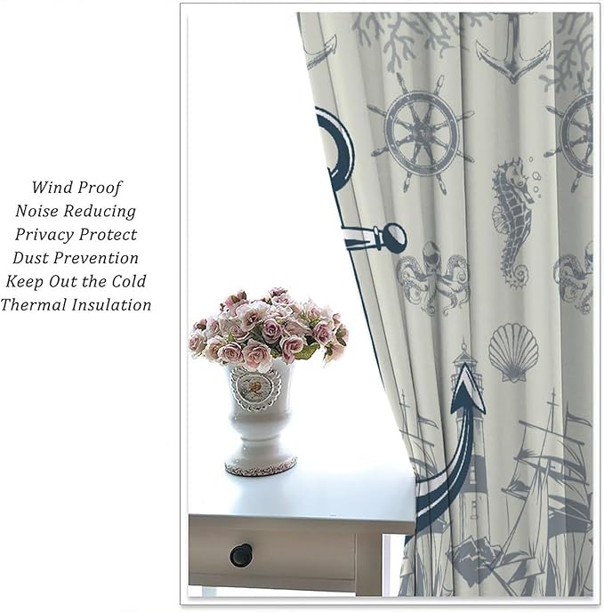 Nautical Anchor Curtains, Vintage Sailboat Ocean Coastal Lighthouse Window Drapes, Navy Blue Coral Shell Seahorse Beach Print Blackout Window Treatments for Living Room Bedroom 63x72in