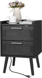 Finnhomy Nightstand with Charging Station, Bedside Table with 2 Hand Made Rattan Decorated Drawers, Night Stand with Storage for Bedroom, Full Black, Set of 2
