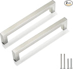 Cabinet Pulls Brushed Nickel Cabinet Handles Square Drawer Pulls, 2 Pack 6-1/4 Inch Stainless Steel Kitchen Door Cupboard Cabinet Handles, Cabinet Hardware Drawer Handles, 160mm Hole Centers