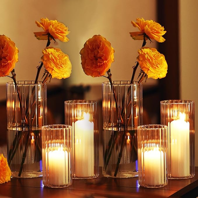 yshengood 12 Pcs Ribbed Hurricane Glass Candle Holders Glass Cylinder Candle Holder for Pillar Candle Floating Candle Holder