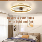 VOLISUN Low Profile Ceiling Fans with Lights and Remote, 19.7in Flush Mount Ceiling Fans with Light, 3000K-6500K Dimmable Fandelier LED Fan Light, Gold Bladeless Ceiling Fans with Lights for Bedroom