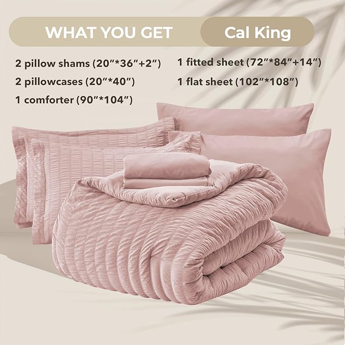 HYMOKEGE Rose Gold California King Comforter Set Seersucker 7 Pieces, All Season Luxury Bed in a Bag Queen for Bedroom, Bedding Set with Comforter, Sheets, Pillowcases & Shams