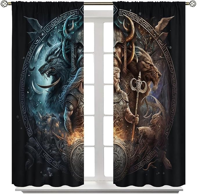 Cool Norse Viking Theme Curtains,Fantasy Ancient Symbols Wildlife Wolf Nordic Vikings Window Curtains Thermal Insulated Rod Pocket Blackout Drapes for Bedroom 2 Panels 84L x 42W