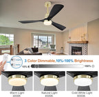 BOJUE 52 Inch Black and Gold Ceiling Fans with Lights and Remote, Solid Wood Fan Blades, Dimmable, Modern Ceiling Fan with Light for Indoor/Outdoor Patio Bedroom