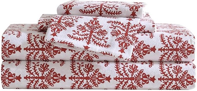 Eddie Bauer - Flannel Sheets King Size, Anti-Pilling & Wrinkle Resistant Cotton, Touchably Soft for All-Season Comfort - Bed Sheets with Matching Pillowcases & Fitted Sheet (Jolly Trees Red)