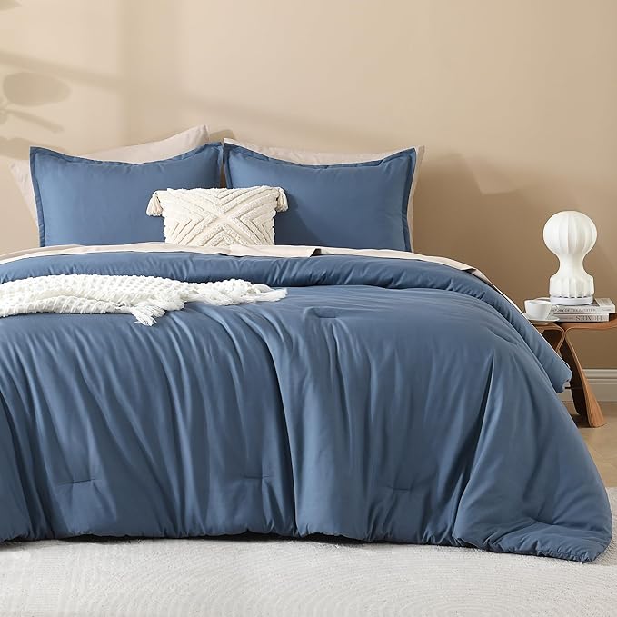 Litanika Haze Blue Oversized King Comforter Set Super King Plus Size, 3 Pieces Lightweight Solid Bedding Comforter Set, All Season Fluffy Bed Set (128x120In Comforter & 2 Pillowcases)
