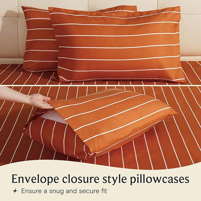LuxClub 4 PC Sheet Set Bed Sheets Deep Pockets 16" Wrinkle Free Cooling Machine Washable Hotel Bedding Silky Soft - Striped-Autumn Orange Queen