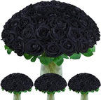 BLEUM CADE 100 Pcs Black Roses Artificial Flowers, Real Touch Velvet Roses Fake Flowers Bulk, Artificial Roses Bouquet with Long Stems Bridal DIY Wedding Party Centerpiece Decorations